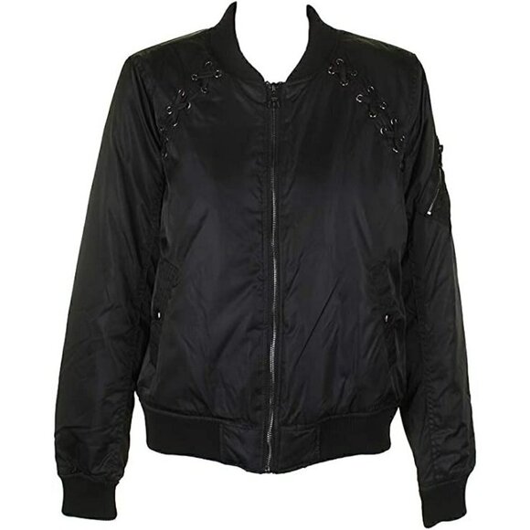 Steve Madden Black Lace Up Bomber Jacket L - Picture 2 of 9